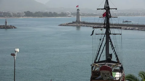 Pirate ship and lighthouse Stock Footage 44685671