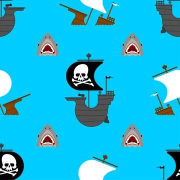 Pirate ship and shark pattern seamless. background Stock Illustration