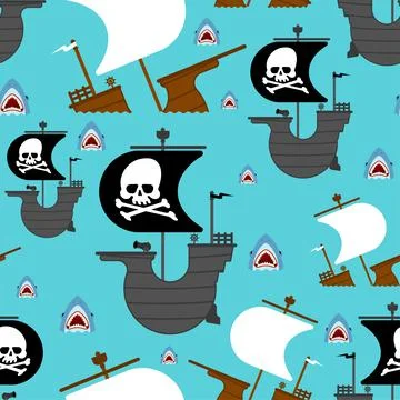 Pirate ship and shark pattern seamless. background Illustrazione stock