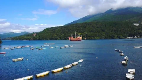 Pirate ship and Torii gate on Ashi lake Stock Footage 69082779