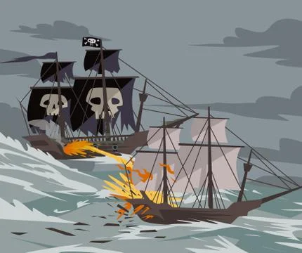 Pirate ship attacking another vessel Stock Illustration