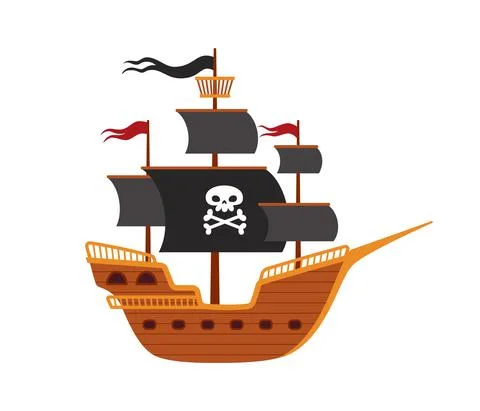 Pirate ship with black sails and crossbone, cartoon flat vector illustration Stock Illustration
