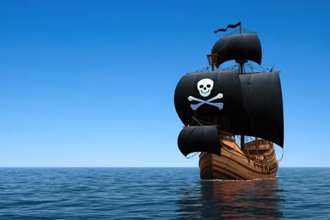 Pirate Ship In Blue Ocean Stock Photos