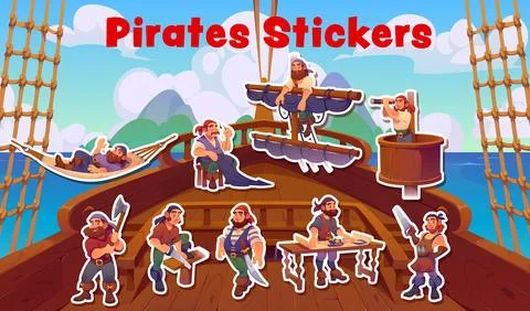 Pirate ship crew characters on deck stickers pack Illustrazione stock