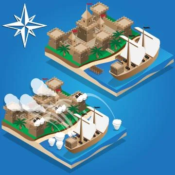 Pirate ship in the harbor. Stock Illustration