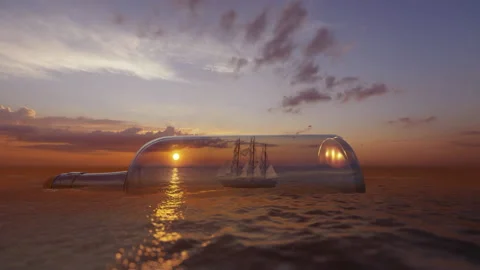 Pirate Ship Inside Message Bottle Against Beautiful Sunrise Stock Footage 150211256