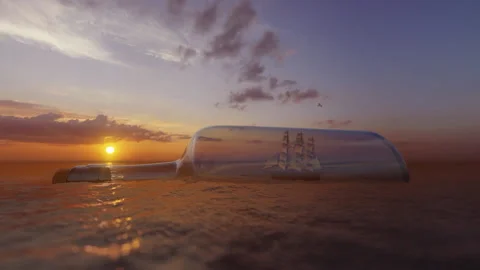 Pirate Ship Inside Message Bottle Against Beautiful Sunset Stock Footage 152692651