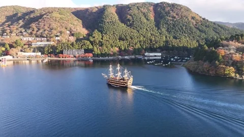 Pirate Ship | Lake Ashi | Hakone Town | Autumn - 4K Aerial Video Stock Footage 329054944