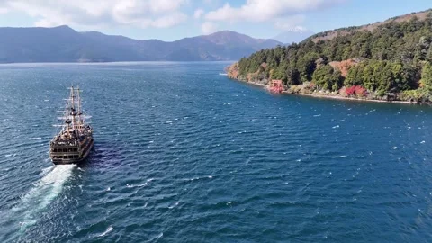 Pirate Ship | Mt. Fuji | Lake Ashi | Hakone - 4K Aerial Video Stock Footage 329054461