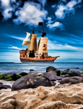 Pirate Ship on Ocean. Stock Photos