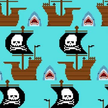 Pirate ship pixel art pattern seamless. Pirates 8 bit background. pixelated v Stock Illustration