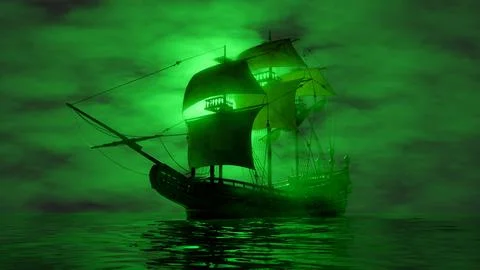 Pirate ship sailing in the fog in green lighting イラスト素材
