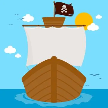 Pirate ship sailing at the sea. Vector illustration Stock Illustration