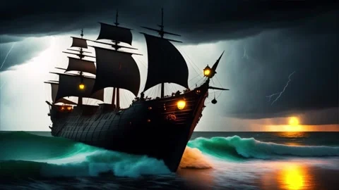 Pirate Ship in Thunderstorm Stock Footage 241835325