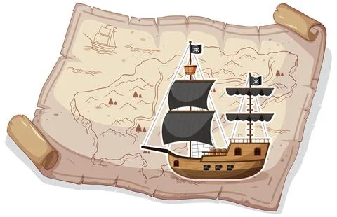 Pirate Ship on Treasure Map Stock Illustration