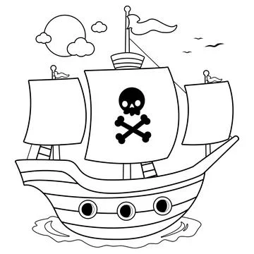 Pirate ship. Vector black and white coloring page. Stock Illustration