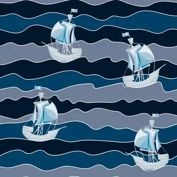 Pirate ship on wave seamless pattern. Kids abstract sea waves endless wallpap Stock Illustration