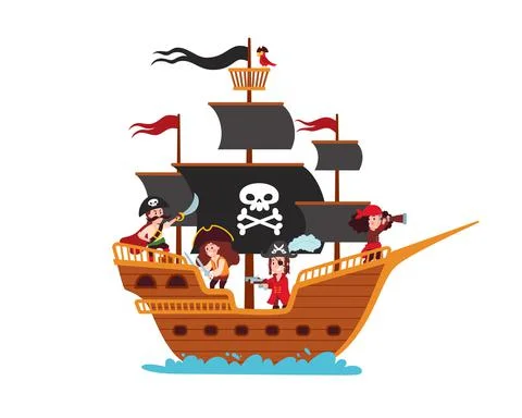 Pirate ship on a white background, vector flat illustration. Stockillustratie