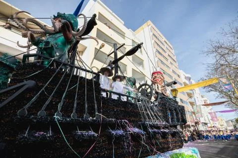 Pirate shipe loat parading in the street in carnival of Loule city, Portugal Stock Photos