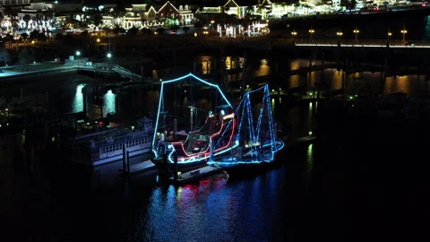 Pirate ships St Augustine Florida night aerial video Stock Footage 262476171