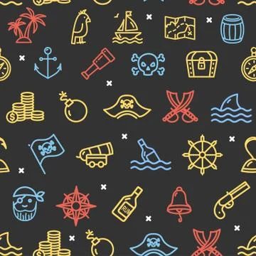 Pirate Signs Seamless Pattern Background on a Black. Vector Illustrazione stock
