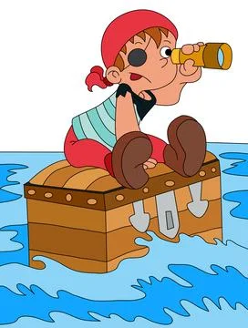 Pirate sits on the treasure holding a pair of binoculars Stock Illustration
