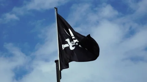The pirate skull flag waving in wind, calico jack pirate symbol at cloudy sky. Video stock 170717819