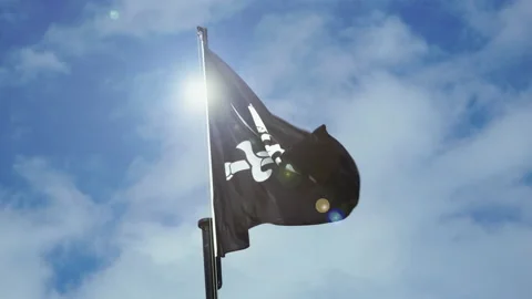 The pirate skull flag waving in wind, calico jack pirate symbol at cloudy sky wi Stock Footage 170718167
