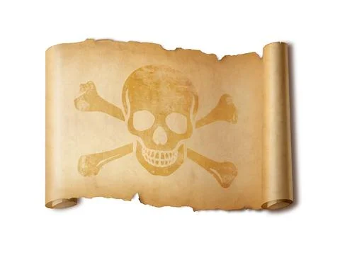 Pirate skull parchment scroll isolated on white Illustration