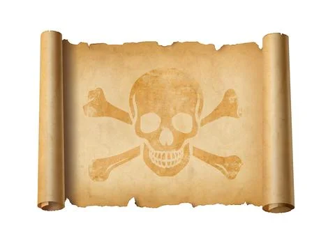 Pirate skull parchment scroll isolated on white Stock-Fotos