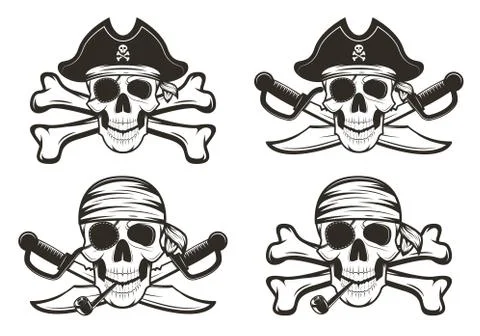 Pirate skull set vector hand drawn illustration Stock Illustration