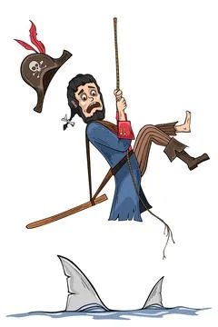 Pirate surrounded by sharks Stock Illustration