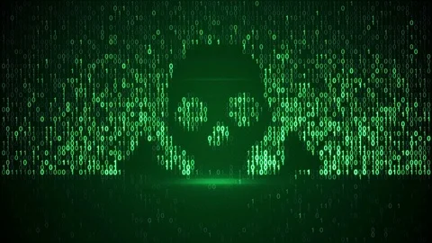 Pirate symbol on computer screen out of bynary code loopable 4k UHD (3840x2160) Stock Footage 76596901
