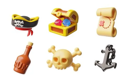 Pirate theme elements 3D vector set, cartoon skull with bones, rum bottle Stock Illustration