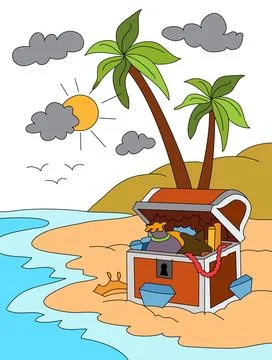 Pirate treasure on beach with palm trees Stock Illustration