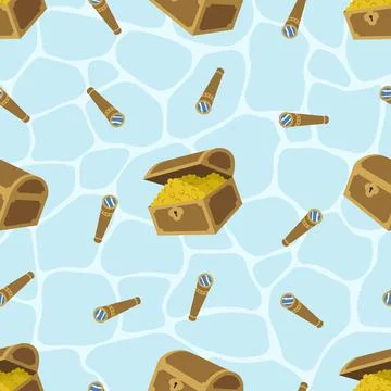 Pirate treasure box and scope seamless pattern Stock Illustration