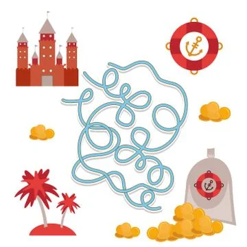Pirate treasure, cute sea objects collection labyrinth game for Preschool Stock Illustration
