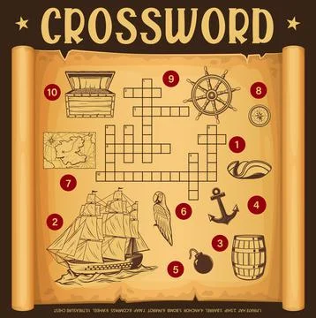Pirate treasure hunt map and piracy crossword grid Stockillustratie