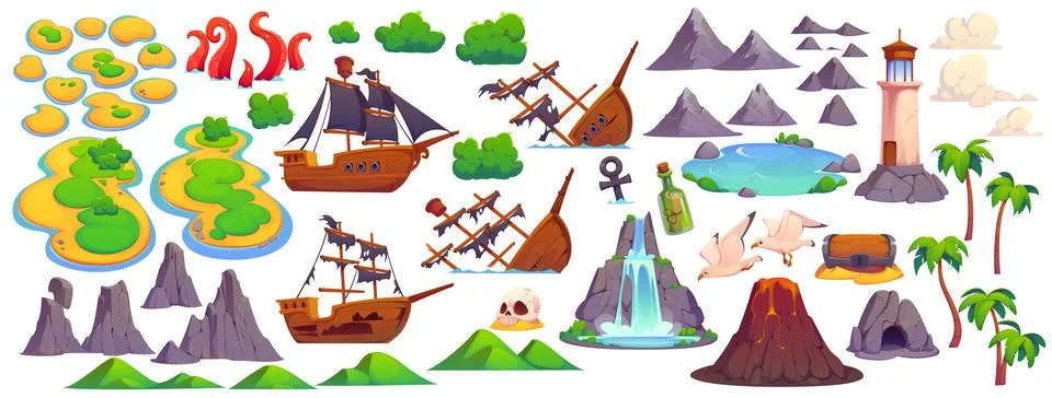 Pirate treasure island constructor, game UI assets Stock Illustration