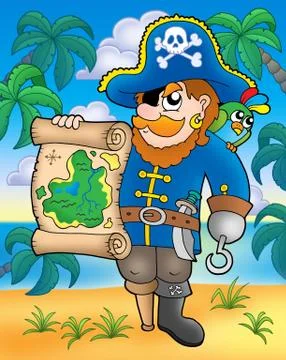 Pirate with treasure map on beach Stock Illustration