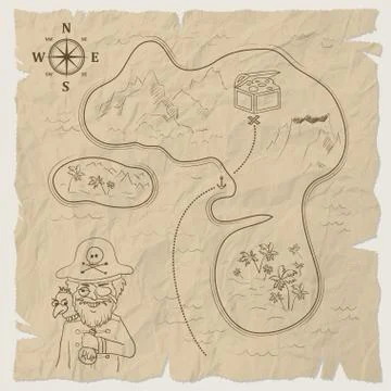 Pirate treasure map of the island on old paper. Vector Stock Illustration