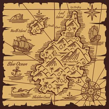 Pirate treasure map old scroll vector sketch Illustrazione stock