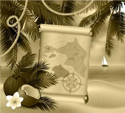 Pirate treasure map on tropical background Stockillustratie