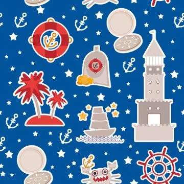 Pirate treasure, seamless pattern on blue background. Modern style flat. Vector Stock Illustration