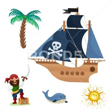 Pirate treasure vector adventure sea nautical symbols nautical character captain Stock Illustration