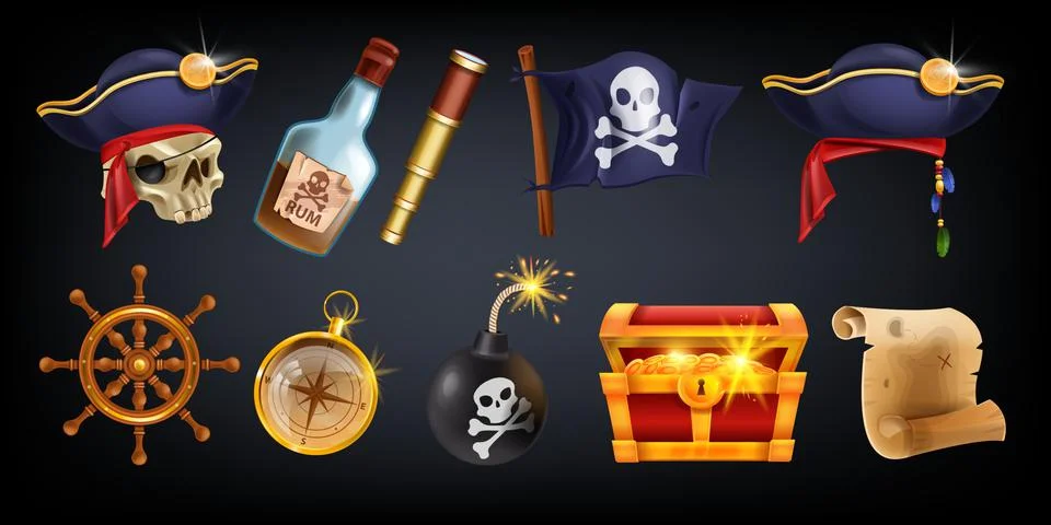Pirate vector game icon set, cartoon corsair treasure object kit イラスト素材