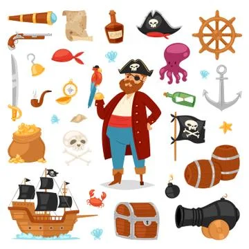 Pirate vector piratic character buccaneer man in pirating costume in hat with Illustrazione stock
