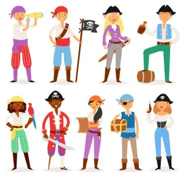 Pirate vector piratic character buccaneer man or woman in pirating costume in Illustrazione stock
