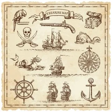 Pirate-Vintage map illustration elements Stock Illustration