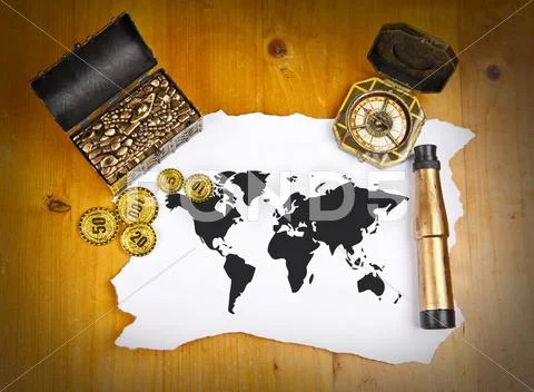 Pirate world map with treasure, compass and binocular Stock Illustration